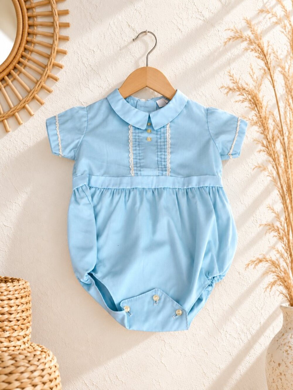 Vintage 70s Fawn Togs Bubble Romper Boys 6 - 12M Blue White Peter Pan Collar NEW